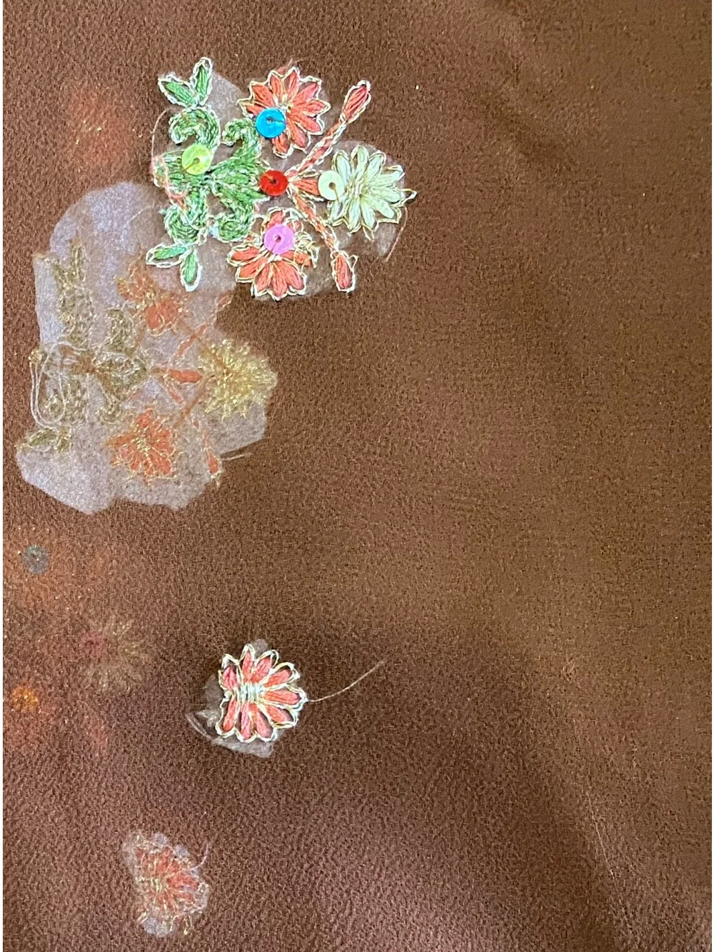 Embroidered Brown Floral Sheer Scarf/Shawl